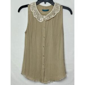 Alice + Olivia Women XS Tan Silk Sleeveless Peter Pan Collar Blouse Button Front